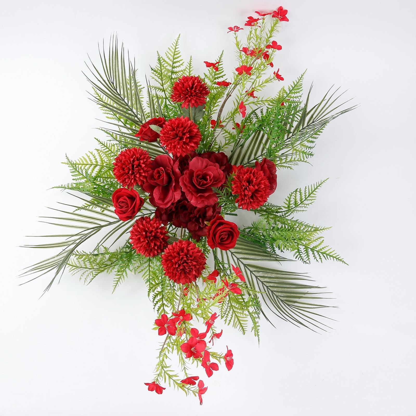 Artificial Wedding Arch Flowers â€“ Burgundy Rose & Chrysanthemum Swag with Greenery and Palm Leaves - Bell Racket Store