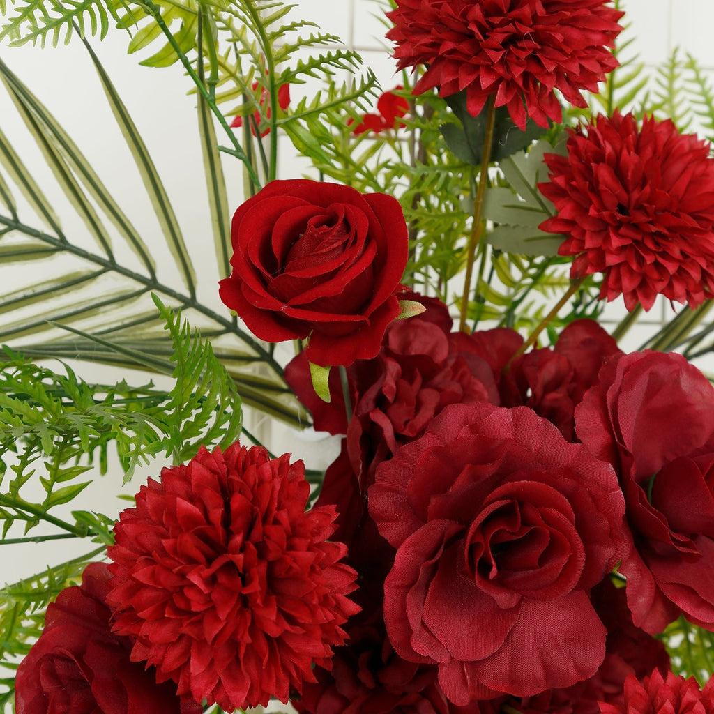 Artificial Wedding Arch Flowers â€“ Burgundy Rose & Chrysanthemum Swag with Greenery and Palm Leaves - Bell Racket Store