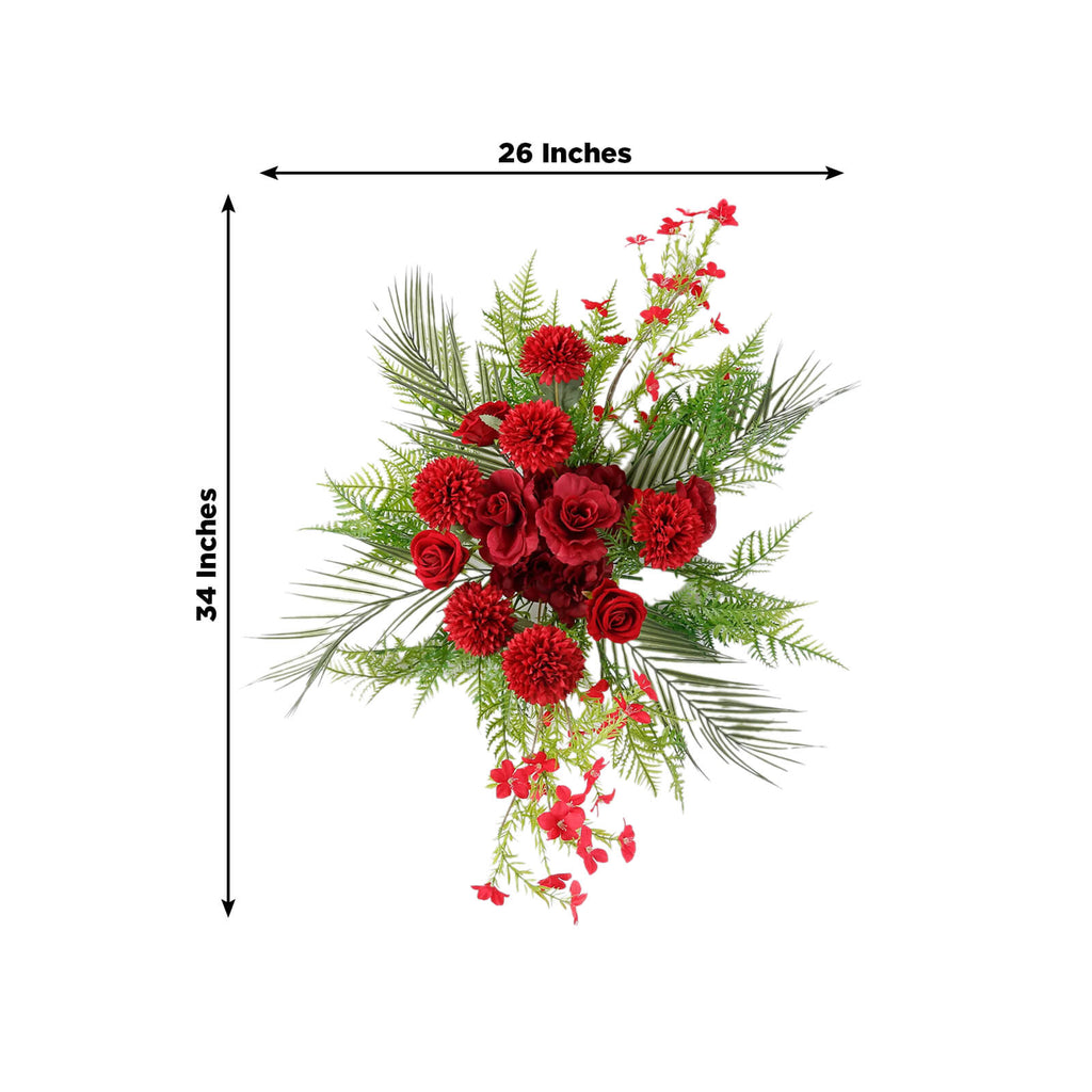 Artificial Wedding Arch Flowers â€“ Burgundy Rose & Chrysanthemum Swag with Greenery and Palm Leaves - Bell Racket Store