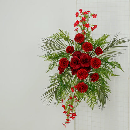 Artificial Wedding Arch Flowers â€“ Burgundy Rose & Chrysanthemum Swag with Greenery and Palm Leaves - Bell Racket Store