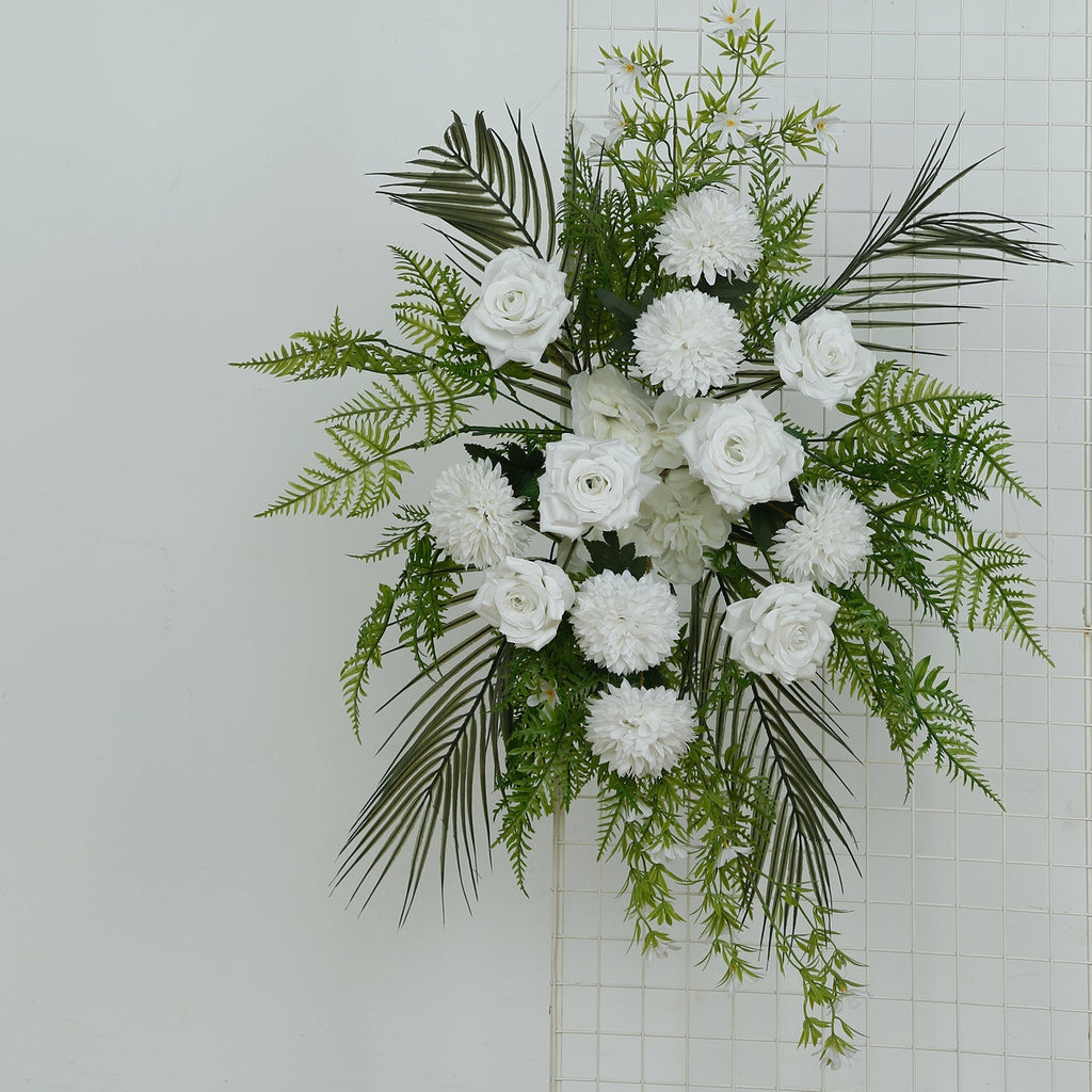 Artificial Wedding Arch Flowers â€“ Ivory Rose & Chrysanthemum Swag with Greenery and Palm Leaves - Bell Racket Store
