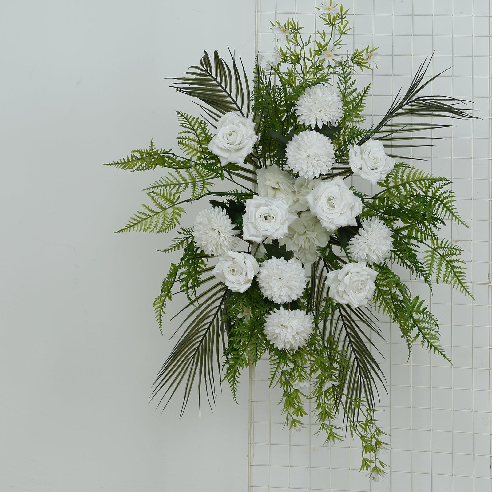 Artificial Wedding Arch Flowers â€“ Ivory Rose & Chrysanthemum Swag with Greenery and Palm Leaves - Bell Racket Store