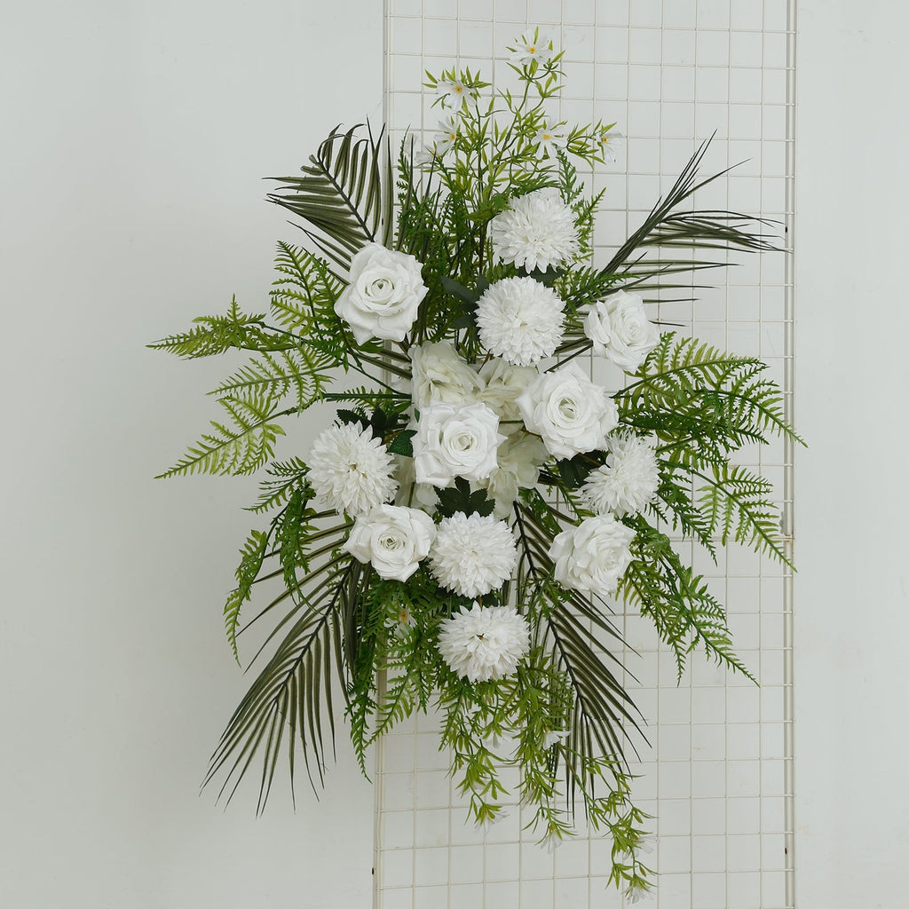 Artificial Wedding Arch Flowers â€“ Ivory Rose & Chrysanthemum Swag with Greenery and Palm Leaves - Bell Racket Store