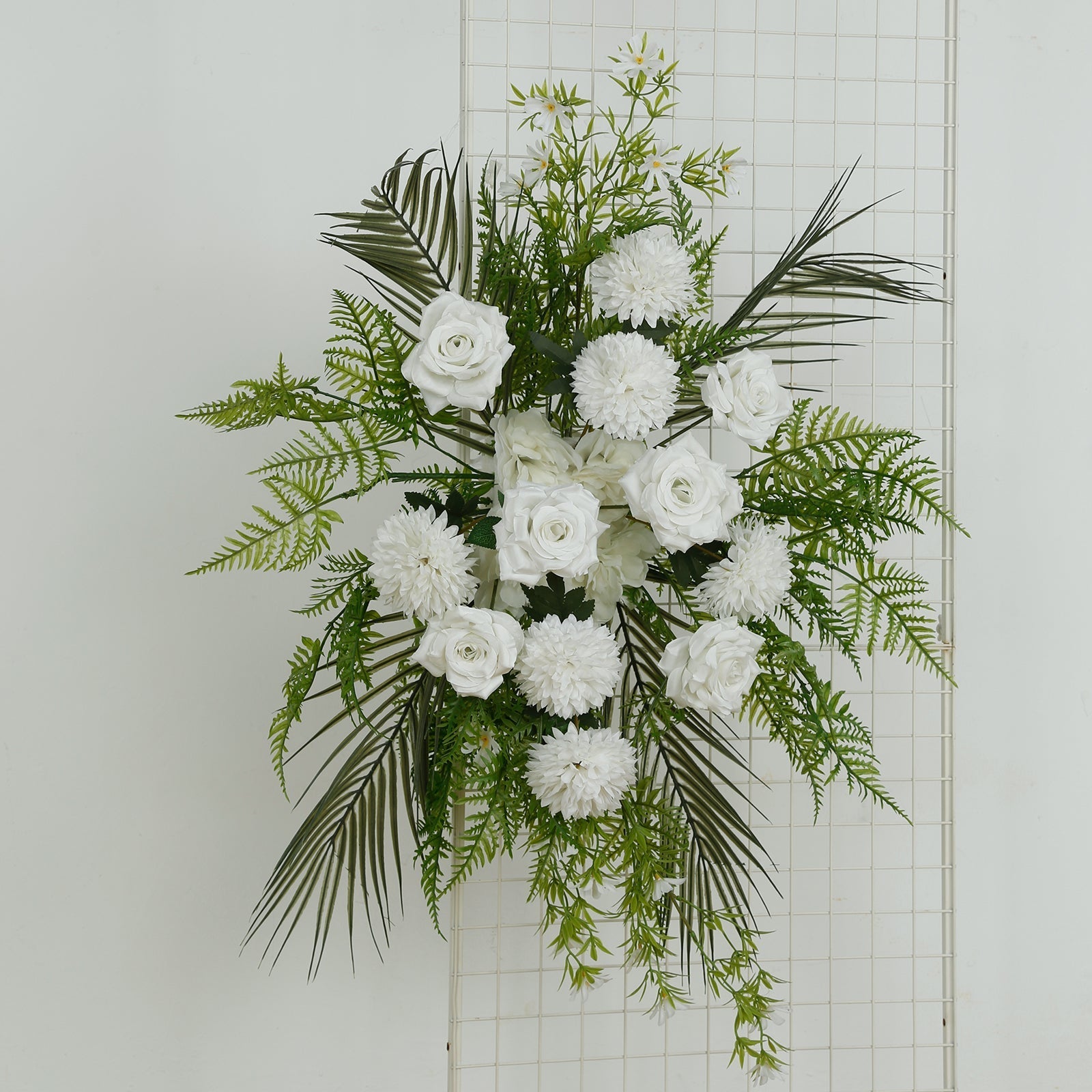 Artificial Wedding Arch Flowers â€“ Ivory Rose & Chrysanthemum Swag with Greenery and Palm Leaves - Bell Racket Store