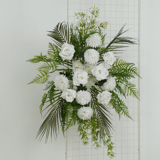 Artificial Wedding Arch Flowers â€“ Ivory Rose & Chrysanthemum Swag with Greenery and Palm Leaves - Bell Racket Store