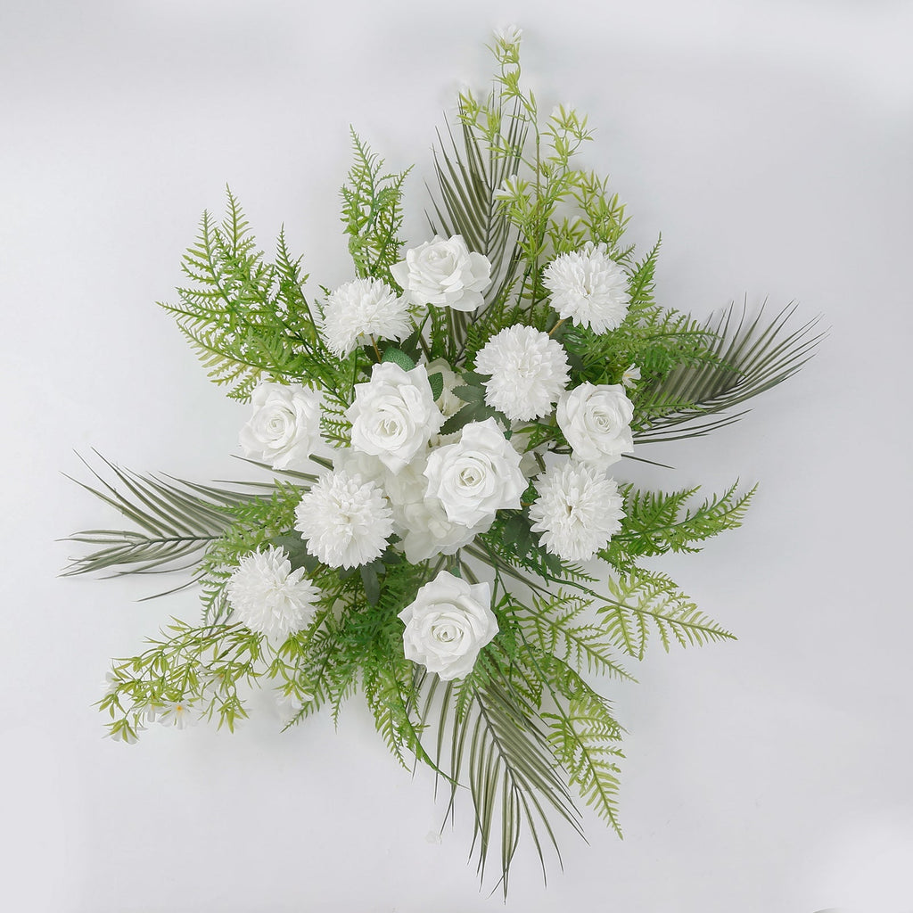 Artificial Wedding Arch Flowers â€“ Ivory Rose & Chrysanthemum Swag with Greenery and Palm Leaves - Bell Racket Store