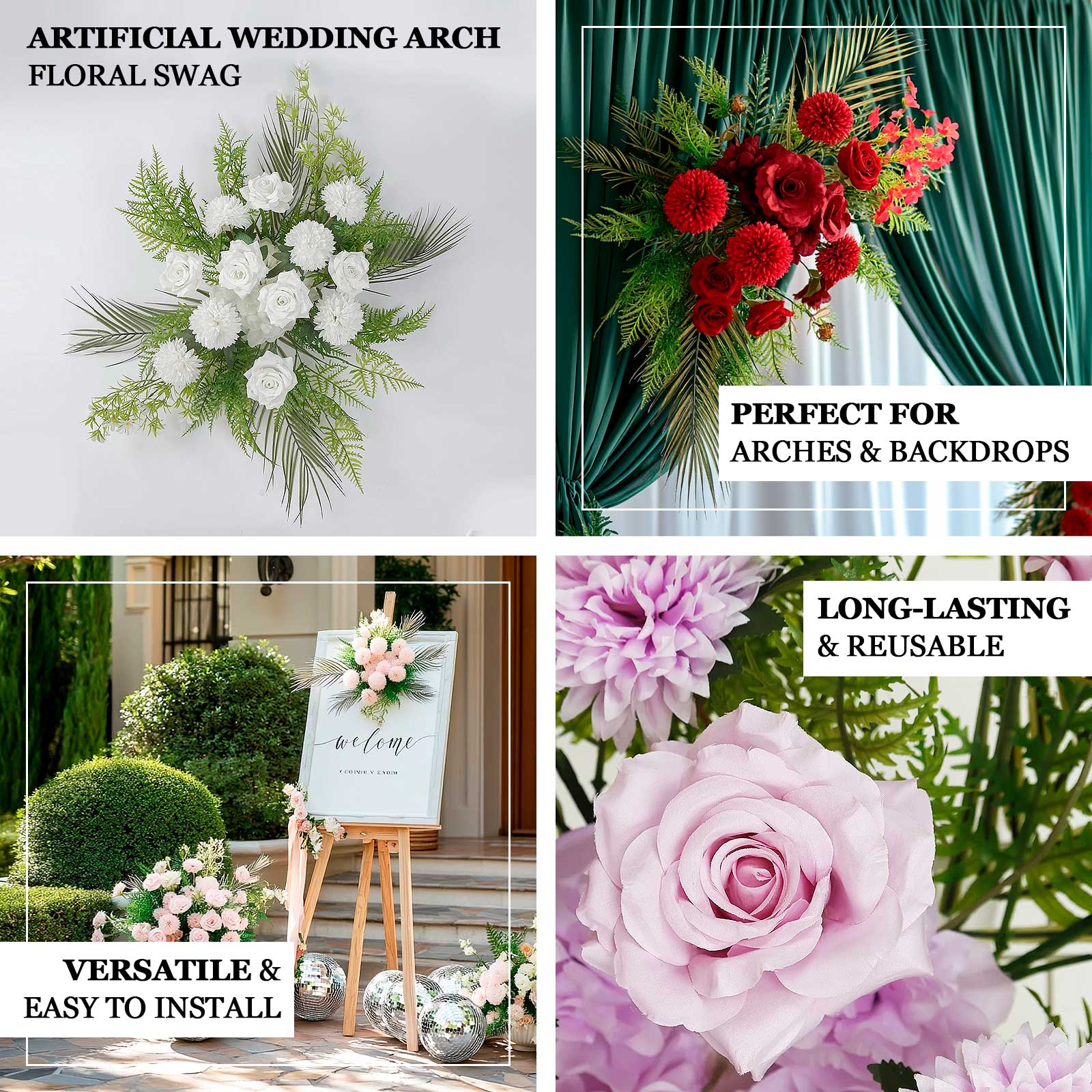 Artificial Wedding Arch Flowers â€“ Ivory Rose & Chrysanthemum Swag with Greenery and Palm Leaves - Bell Racket Store