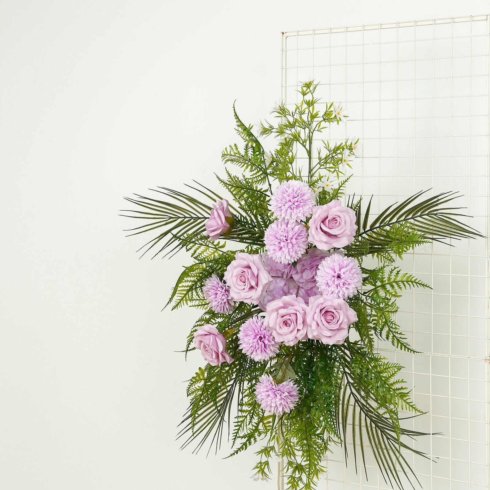 Artificial Wedding Arch Flowers â€“ Lavender Lilac Rose & Chrysanthemum Swag with Greenery and Palm Leaves - Bell Racket Store