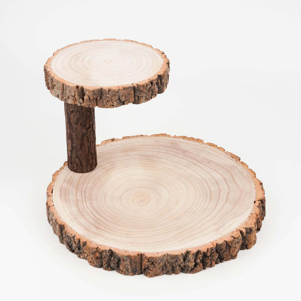 2-Tier Wooden Cheese Board Stand Elm Wood Slice Design Natural - Rustic Cupcake Centerpiece 8"