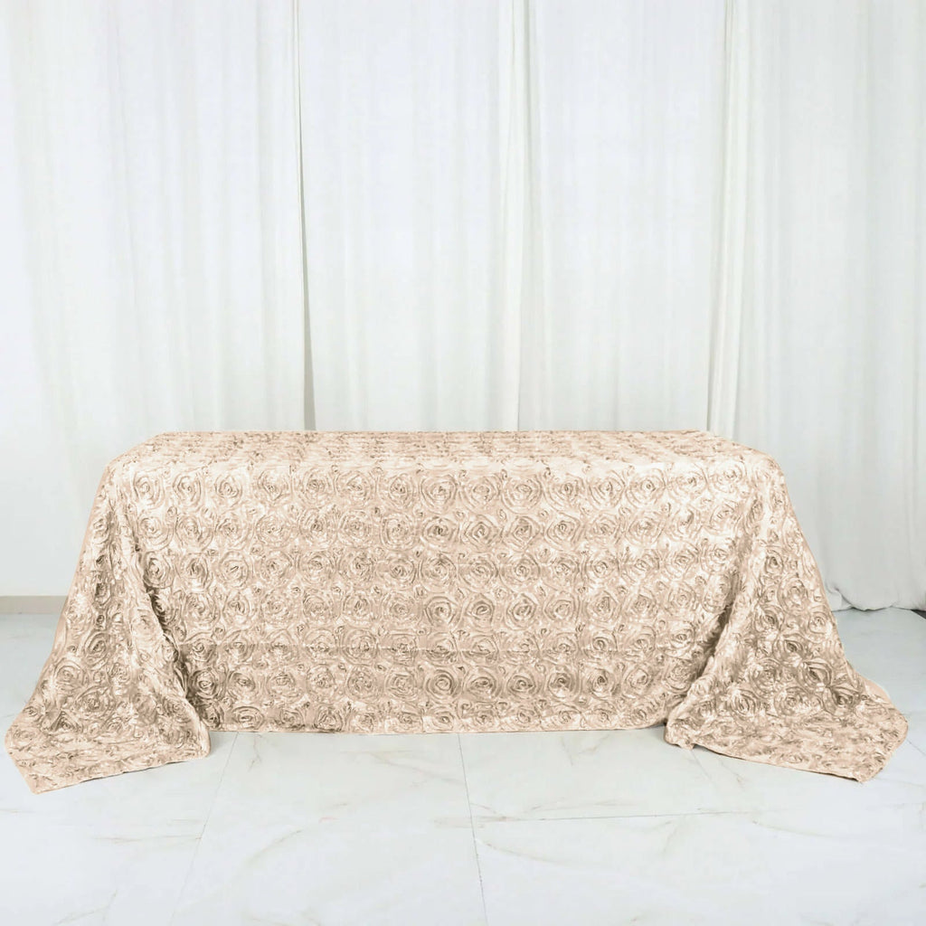 Satin 90"x132" Rectangle Tablecloth Beige - Grandiose 3D Rosette Seamless Table Cover