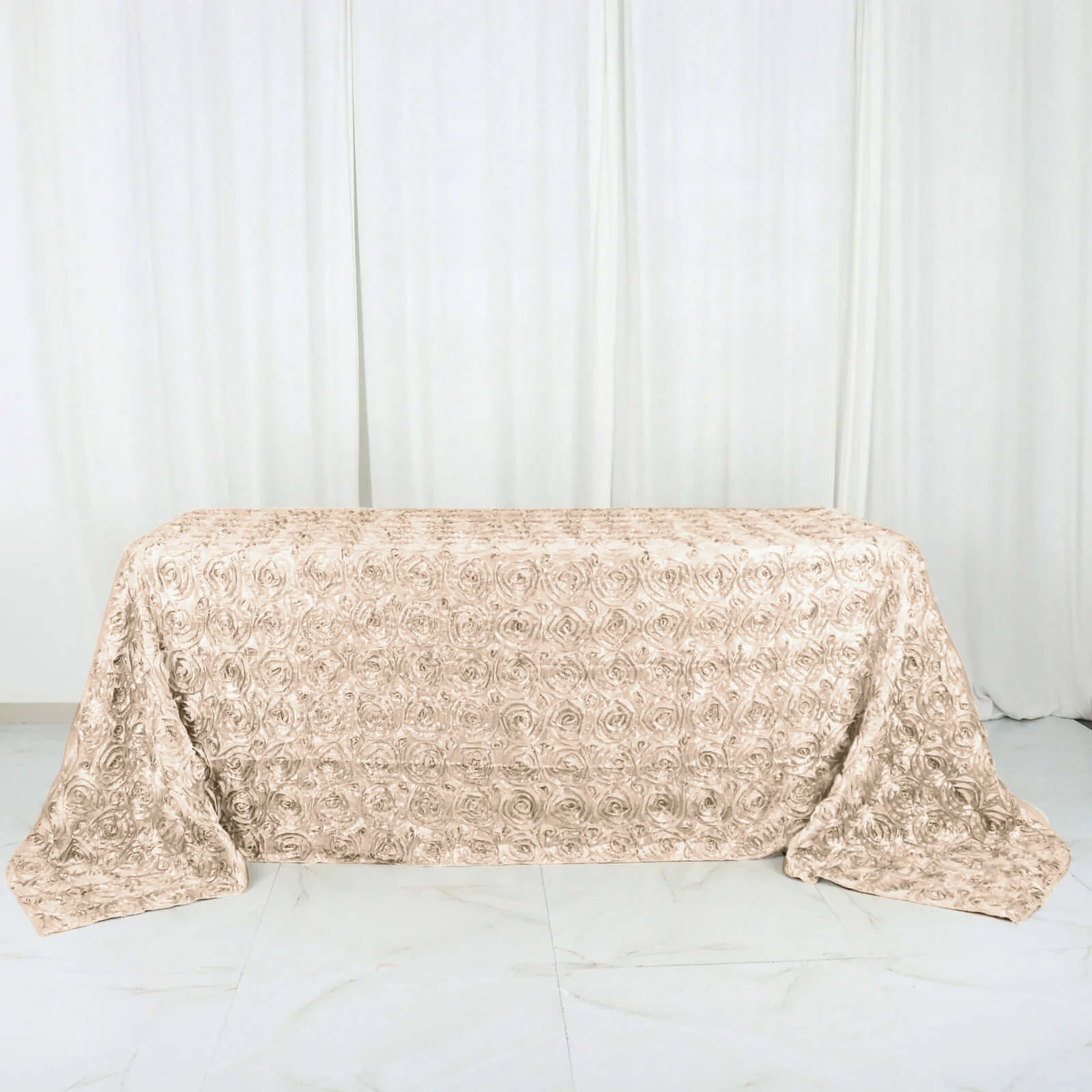 Satin 90"x132" Rectangle Tablecloth Beige - Grandiose 3D Rosette Seamless Table Cover