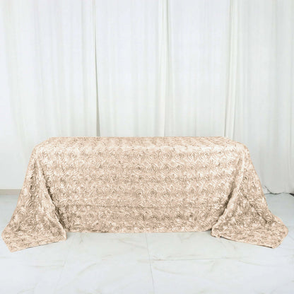 Satin 90"x132" Rectangle Tablecloth Beige - Grandiose 3D Rosette Seamless Table Cover