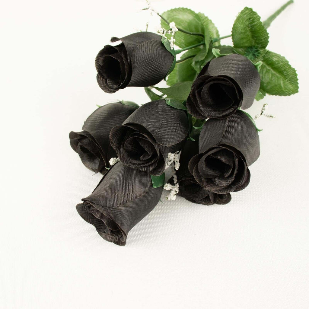 12 Bushes Black Artificial Premium Silk Flower Rose Bud Bouquets