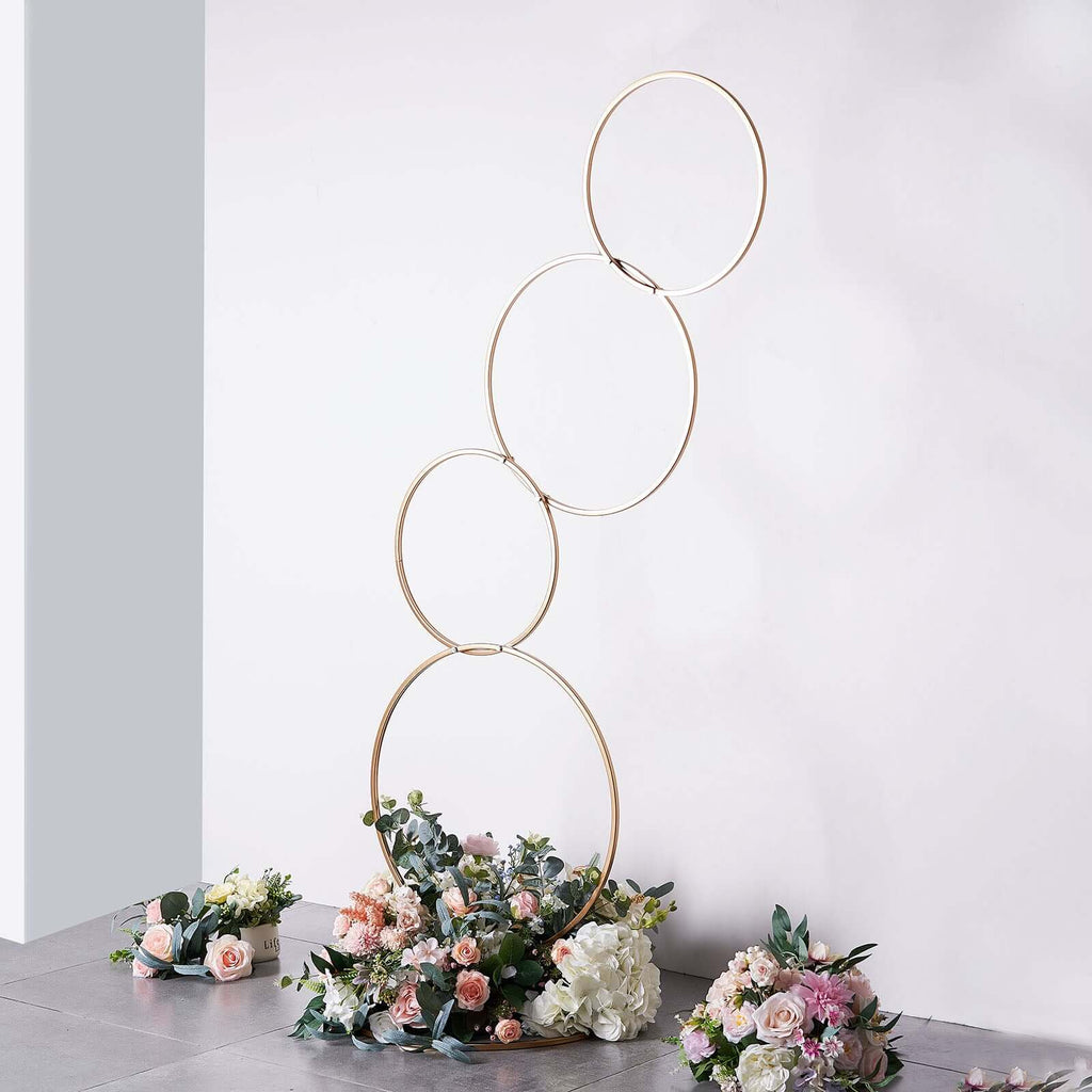 5ft 4-Tiered Gold Hoop Pillar Flower Stand, Metal Wedding Arch Table Centerpiece - Hoop Wreath
