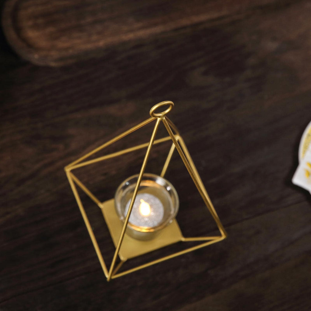 2-Pack Tealight Candle Holders Gold Metal Pyramid Geometric Open Frame - Flower Stand 9"