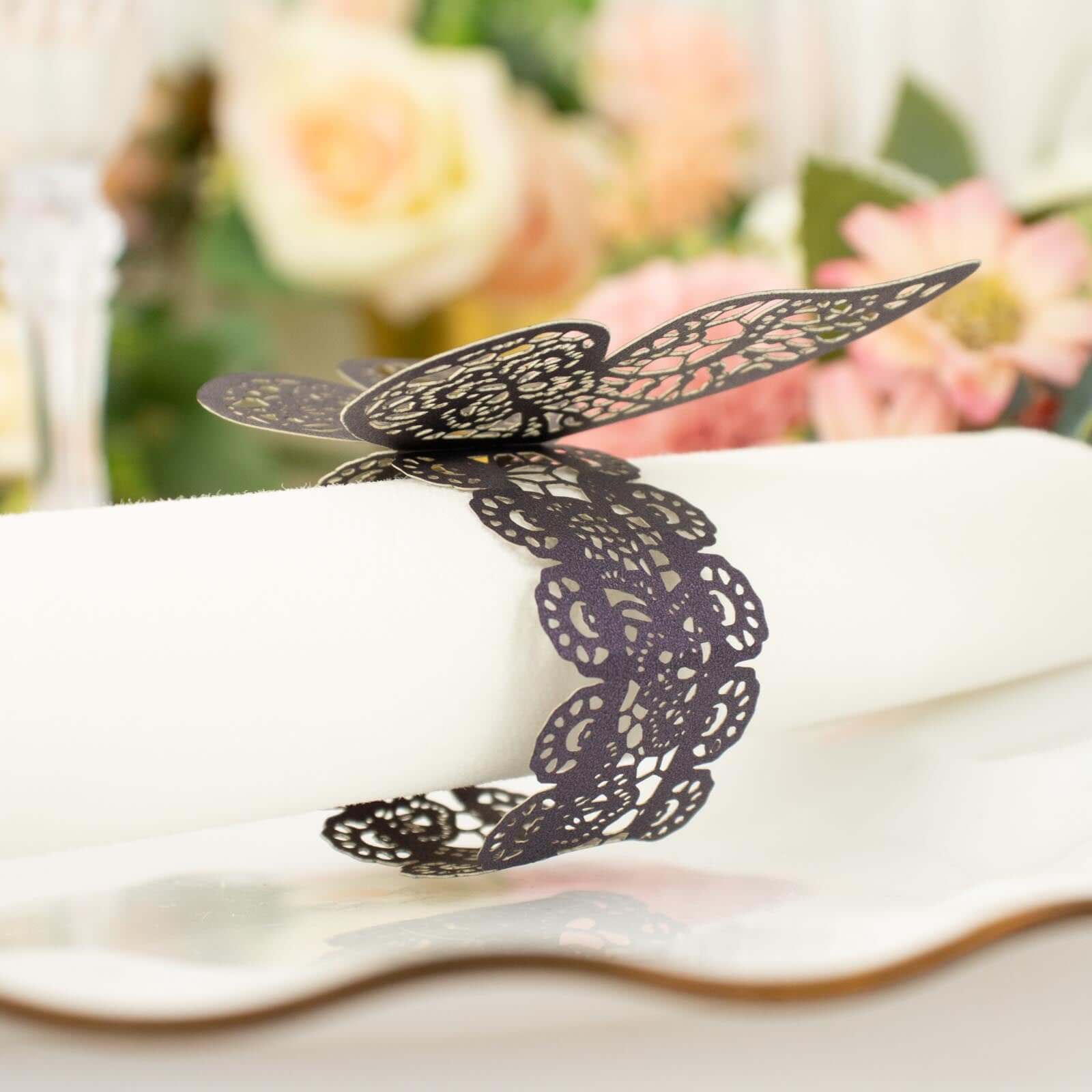 12-Pack Paper Napkin Rings Laser Cut Butterfly Purple Shimmery - Decorative Serviette Holders