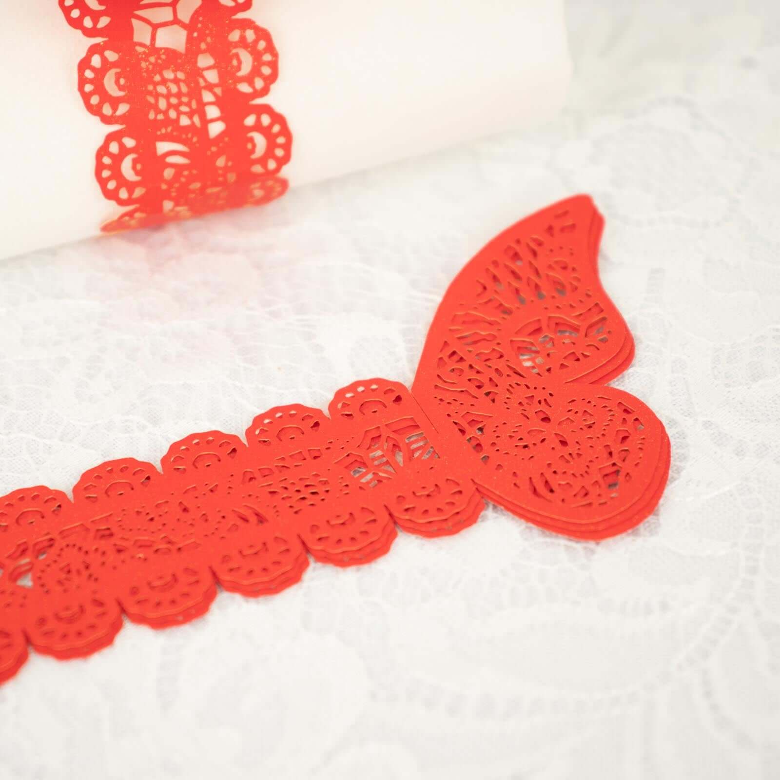 12-Pack Paper Napkin Rings Laser Cut Butterfly Red Shimmery - Decorative Serviette Holders