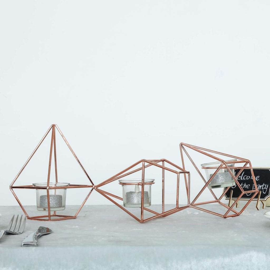 Set of Metal Candle Holders Linked Geometric Design Rose Gold - Modern Votive Glass Decor for Tables & Gatherings 16"