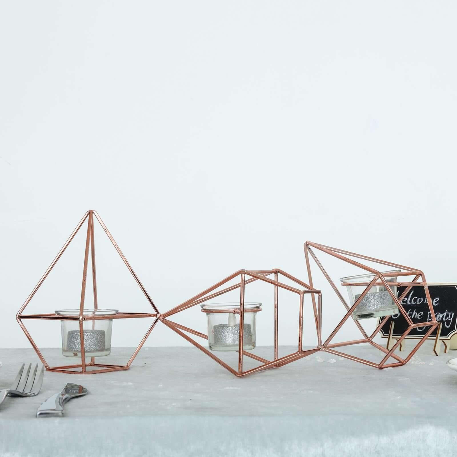 Set of Metal Candle Holders Linked Geometric Design Rose Gold - Modern Votive Glass Decor for Tables & Gatherings 16"