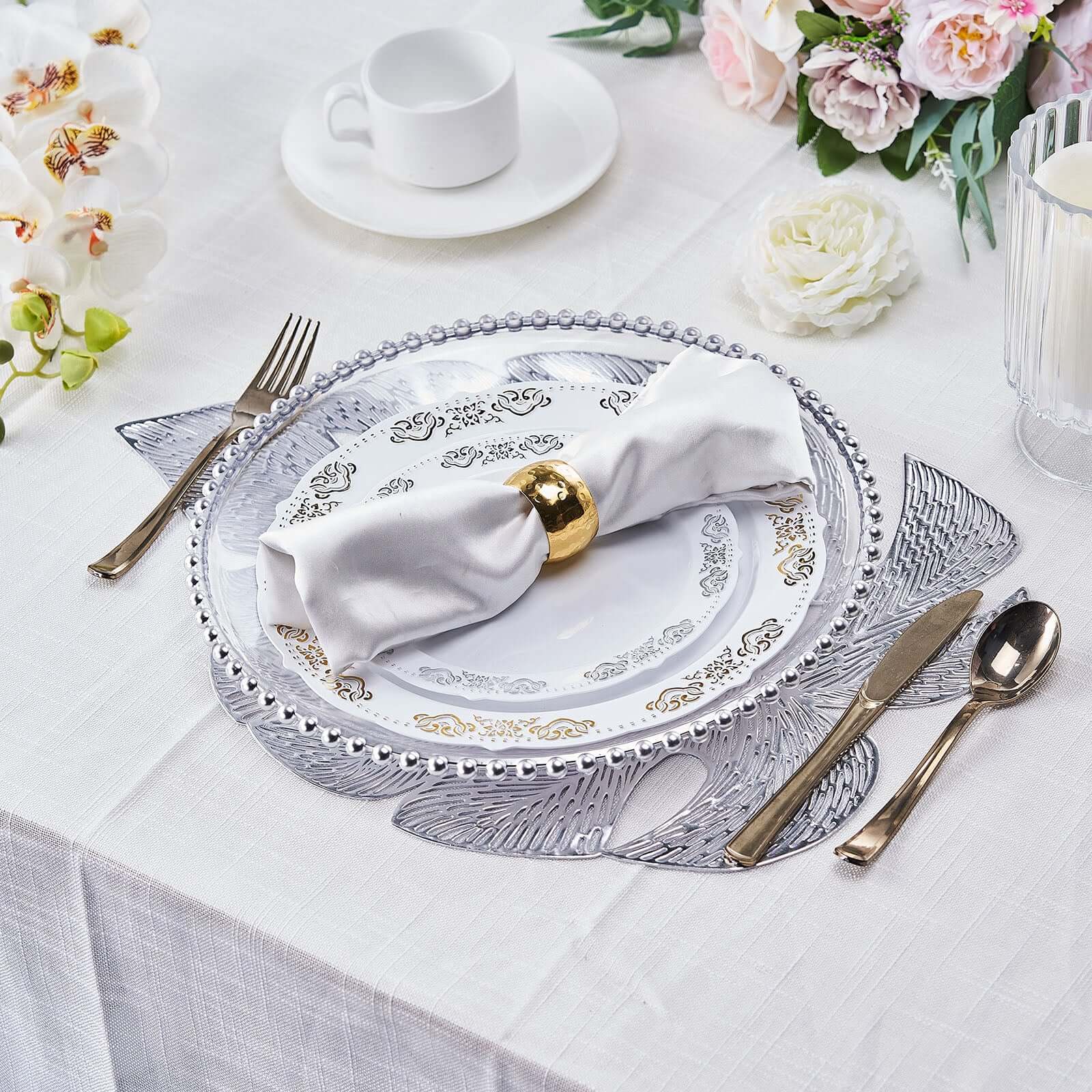 6-Pack Dining Table Mats Monstera Leaf Design Silver - Vinyl Non-Slip Surface for Tropical Themes 18"