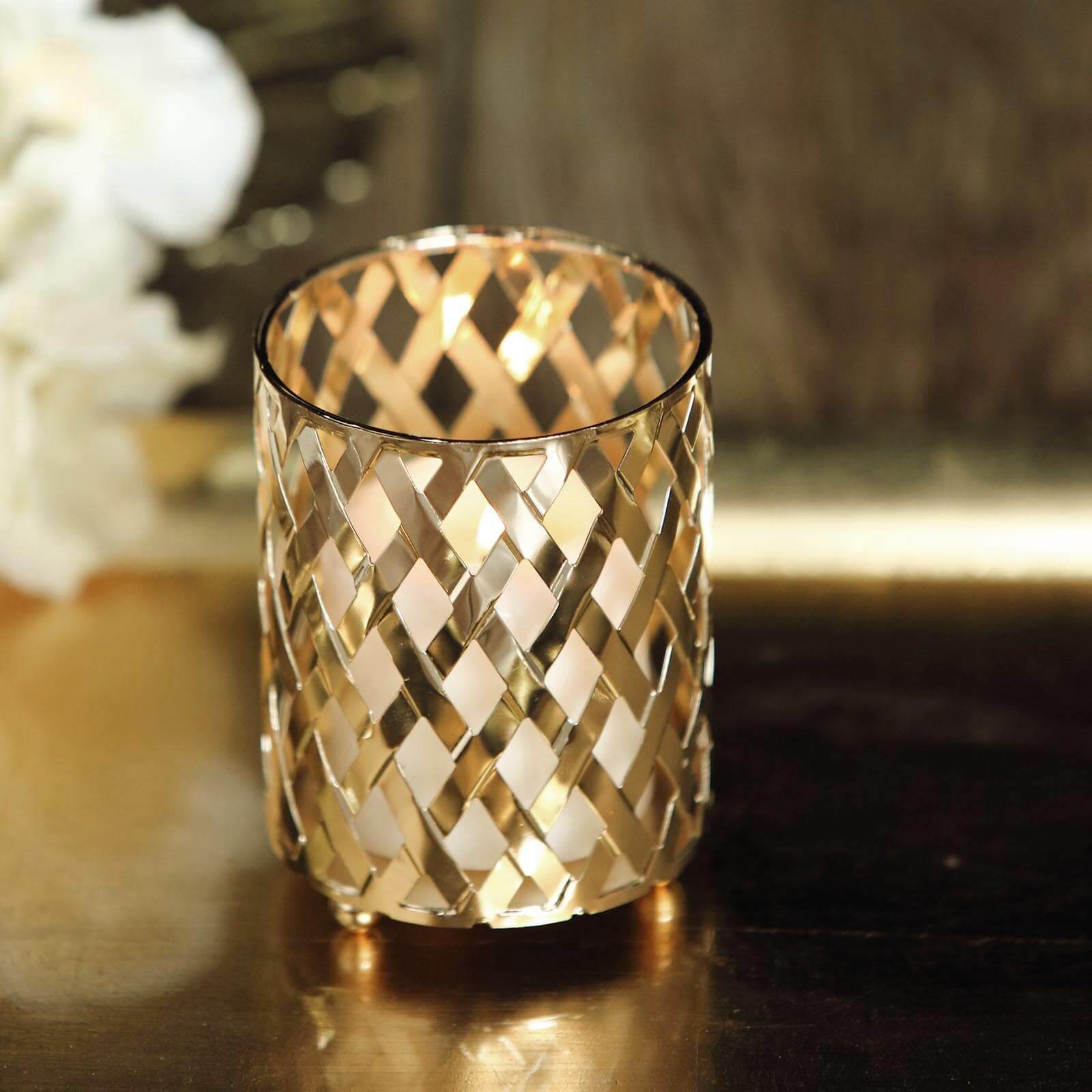 2-Pack Votive Candle Holders Gold Metal Diamond Cut Geometric Design - Perfect for Home DÃ©cor and Events 4"