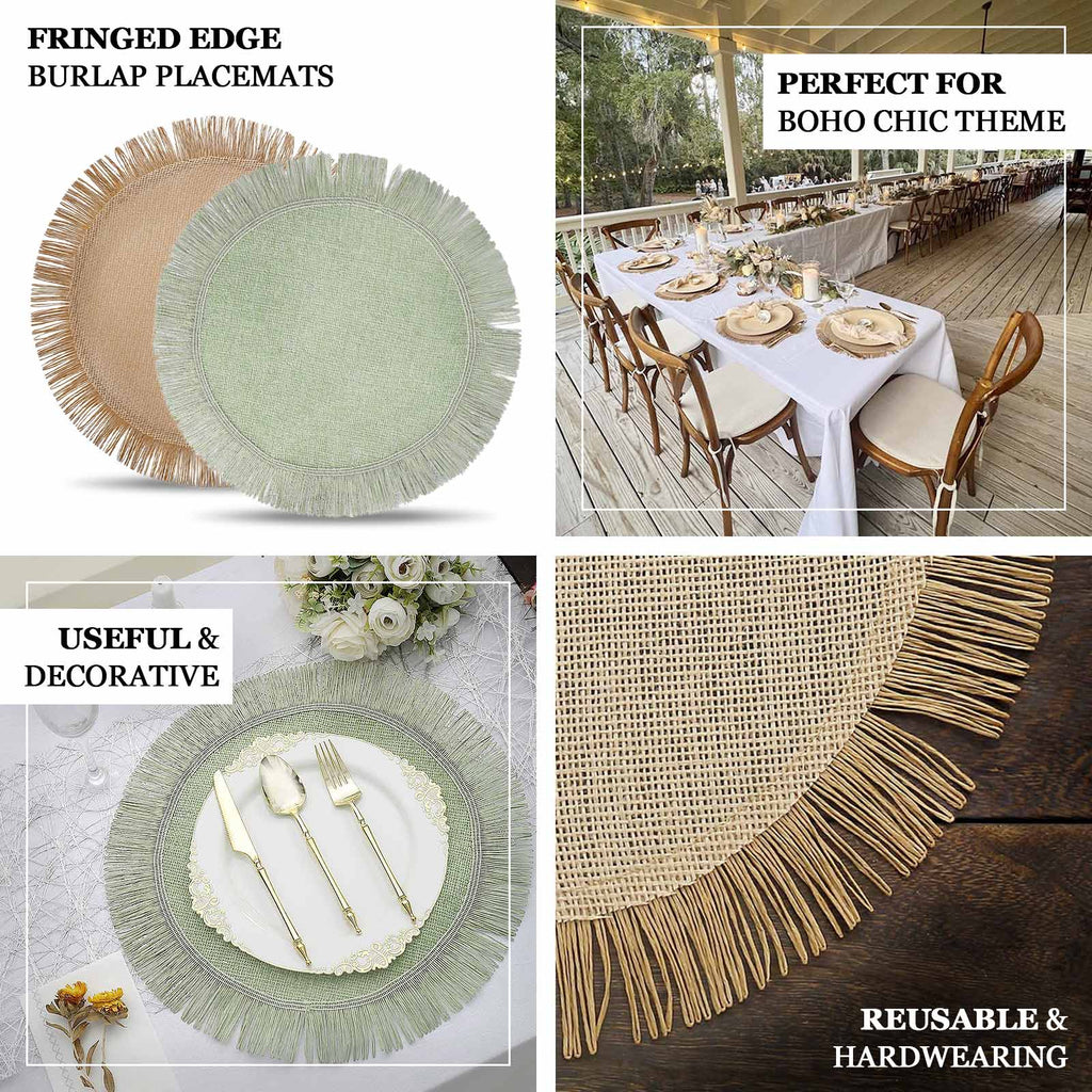 4-Pack Placemats Fringe Edge Design Natural Jute Round - Rustic Boho Chic Burlap Table Decor 16"