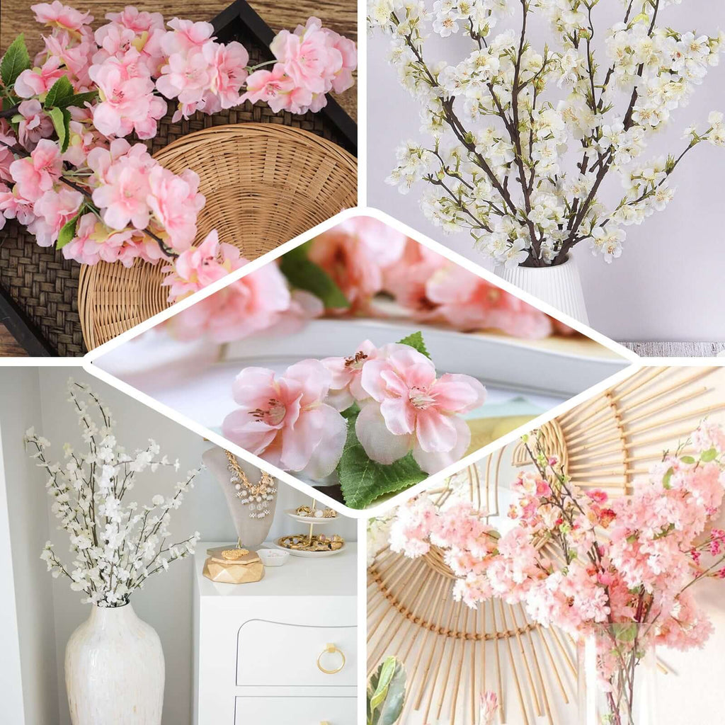4 Bushes 40" Tall White Artificial Silk Cherry Blossom Flowers, Branches