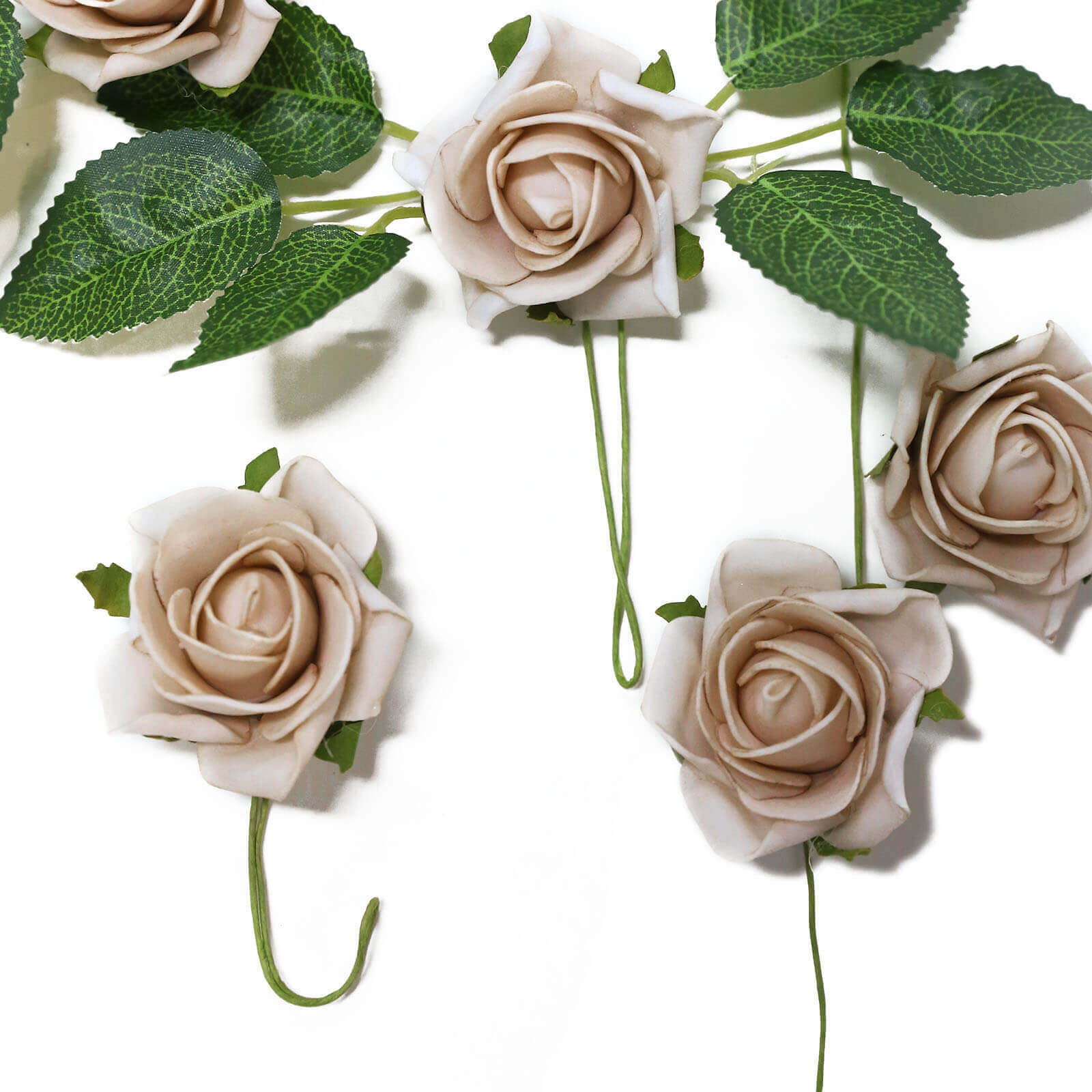 24 Roses 2" Champagne Artificial Foam Flowers With Stem Wire and Leaves