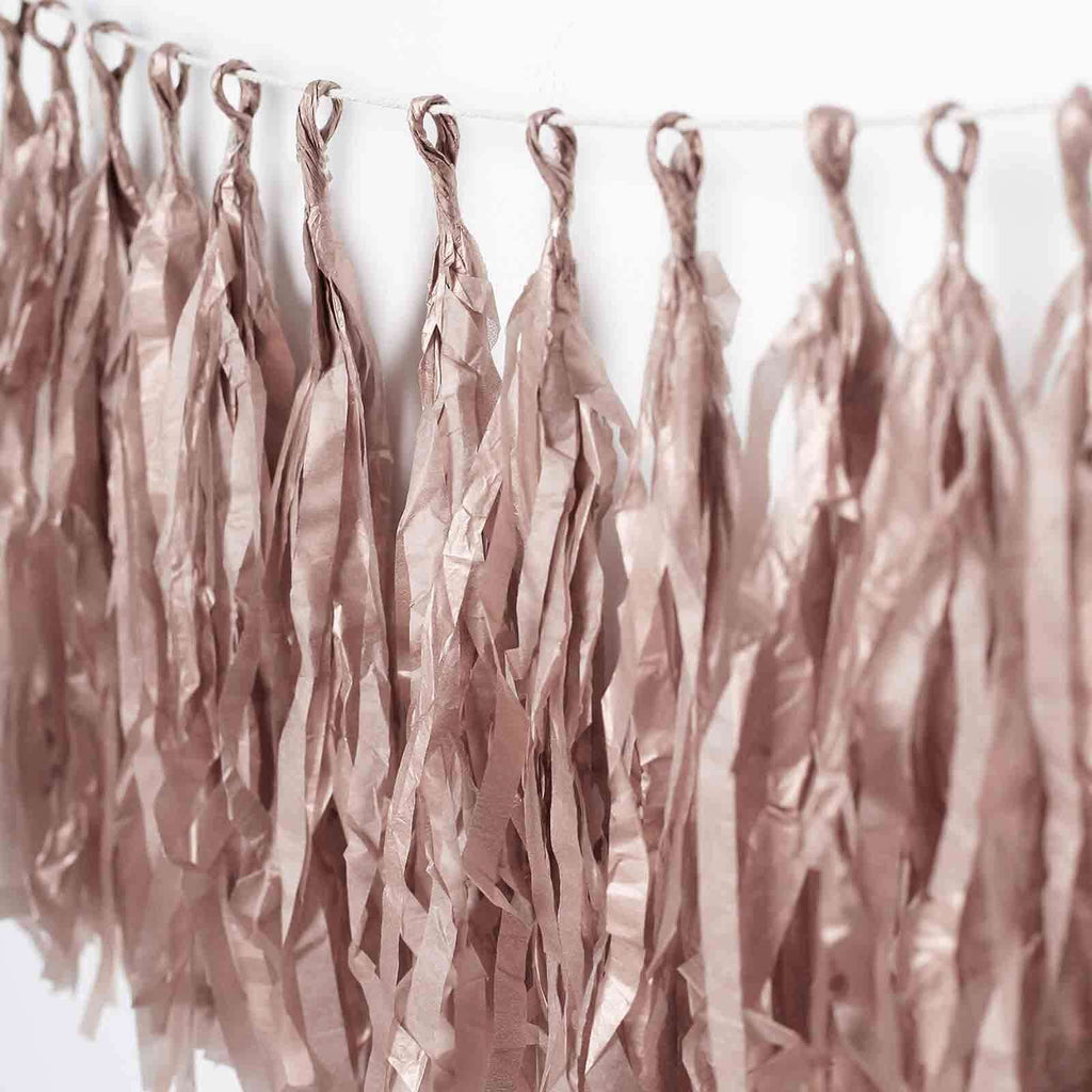 12 Pack Pre-Tied Rose Gold Paper Fringe Tassels With Garland String, Hanging Streamer Banner