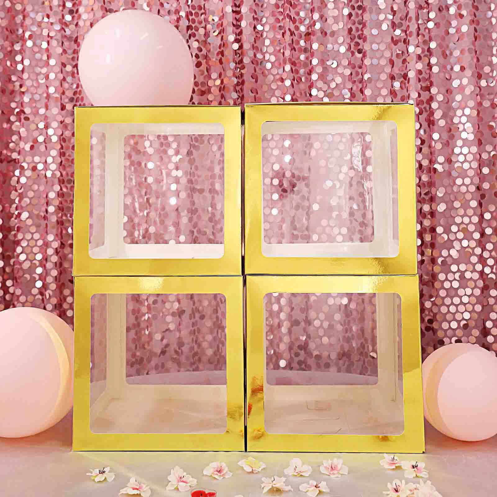 2 Pack 12" Metallic Gold Clear Baby Shower Party Decoration Boxes, Transparent DIY Balloon Boxes