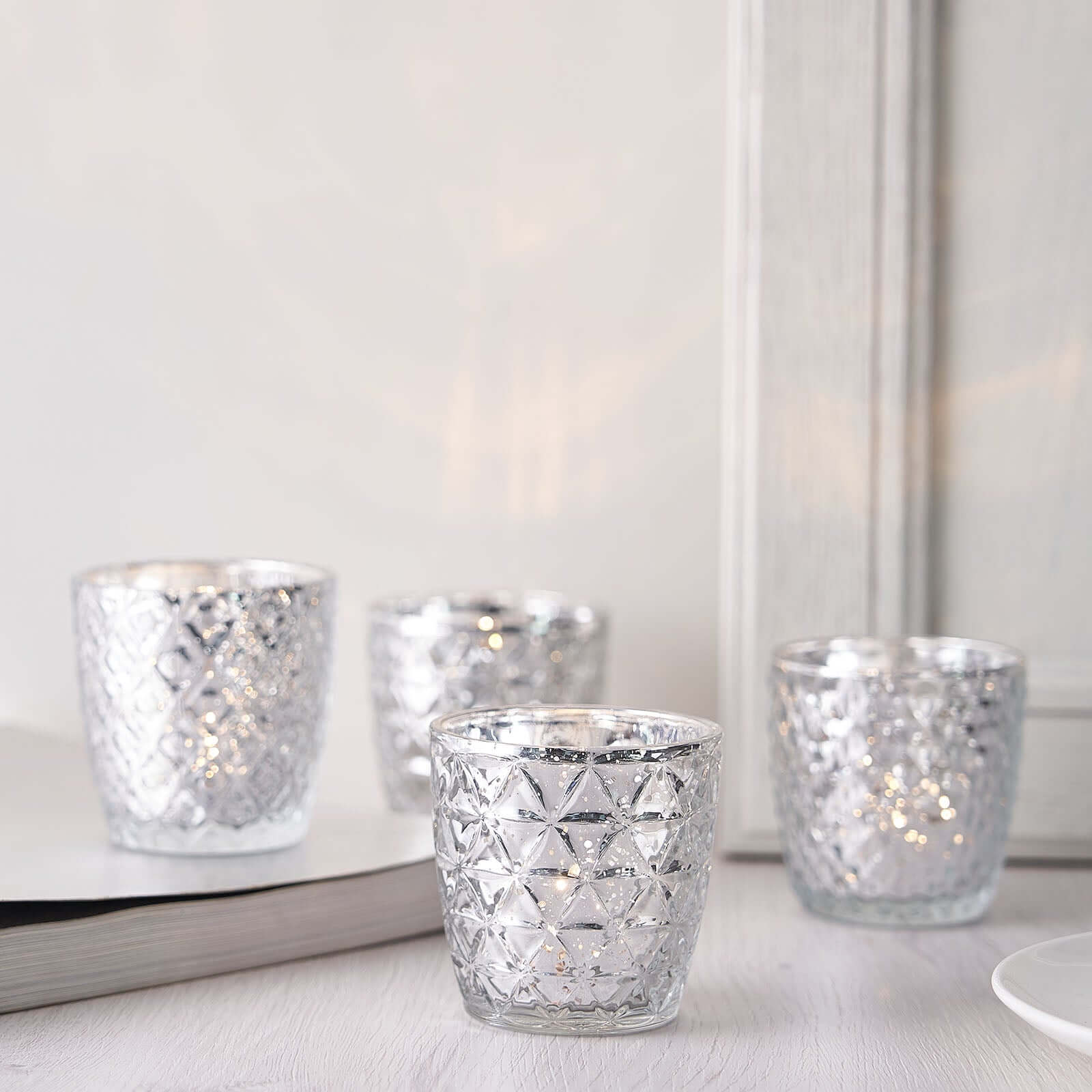 6-Pack Mercury Glass Votive Candle Holders Metallic Silver with Assorted Geometric Designs - Tealight Holders 3"