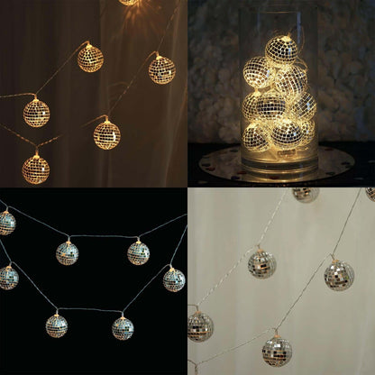 10 LED String Light Garland Silver Disco Mirror Ball Warm White - Battery Operated Event DÃ©cor 6ft
