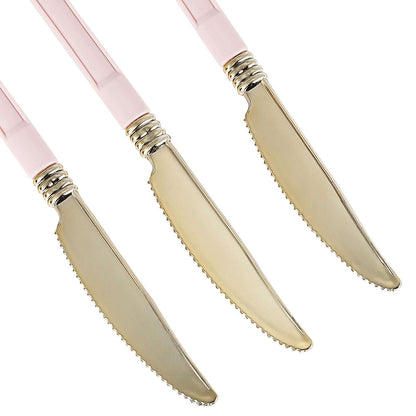 24 Pack Gold 7.5" Heavy Duty Plastic Knives with Blush Handle, Disposable Silverware