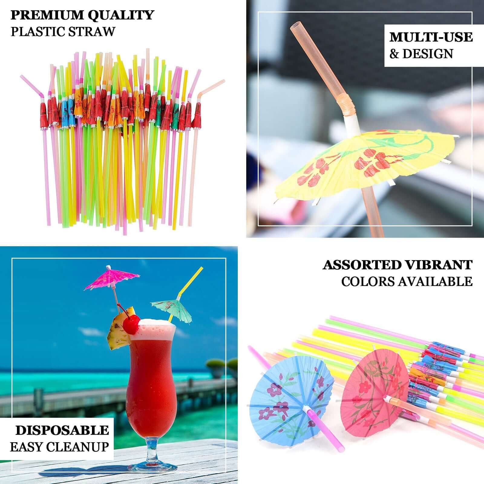 50-Pack Umbrella Drinking Straws Multi-Colored - Fun Disposable Straws for Tropical Parties 10"