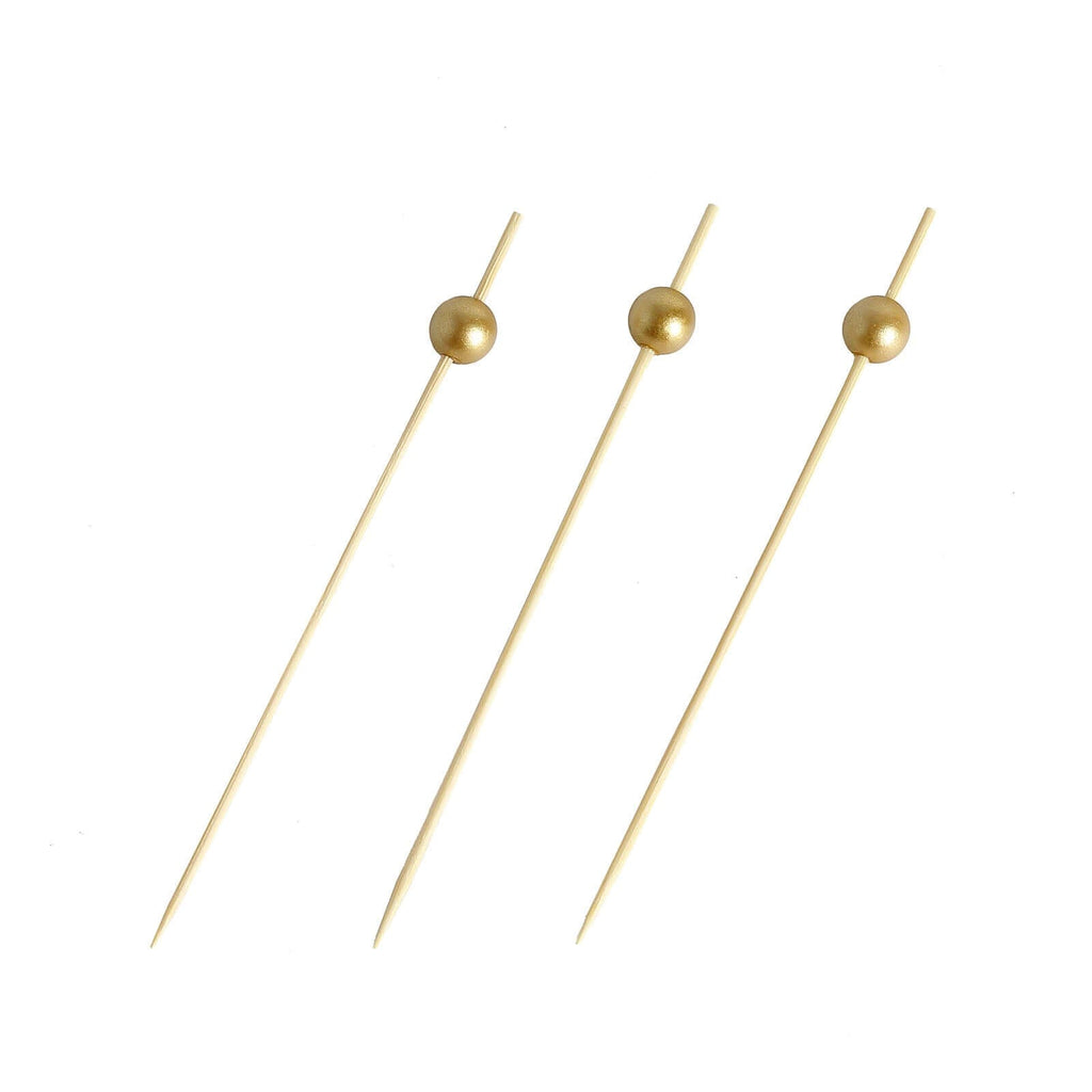100-Pack Bamboo Cocktail Picks Gold Pearl Decorative Top Design - Eco Friendly Stir Sticks 4.5"