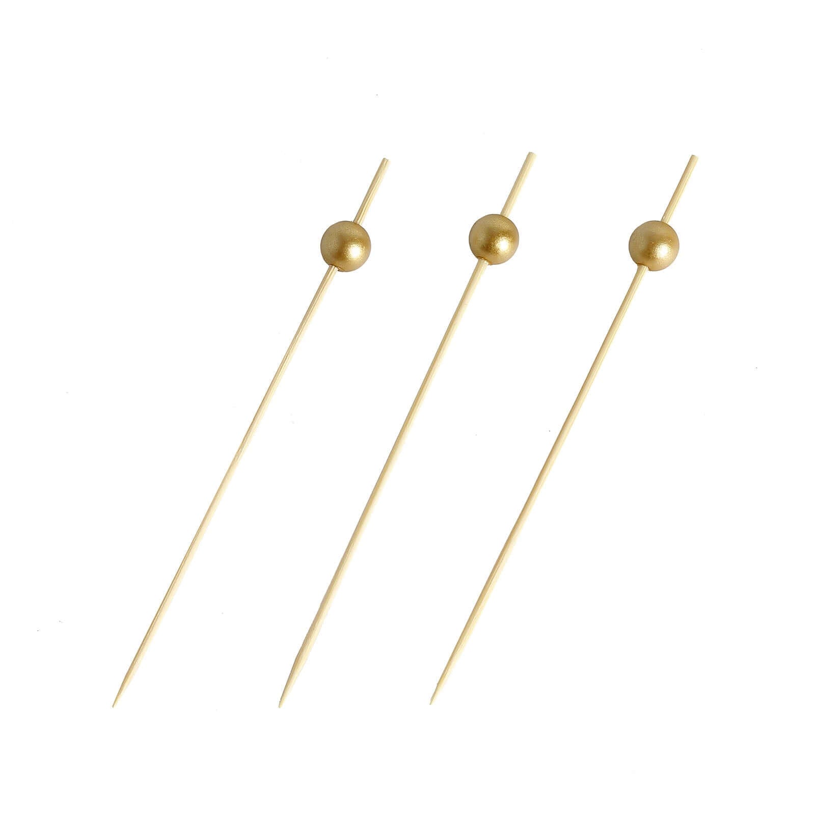 100-Pack Bamboo Cocktail Picks Gold Pearl Decorative Top Design - Eco Friendly Stir Sticks 4.5"
