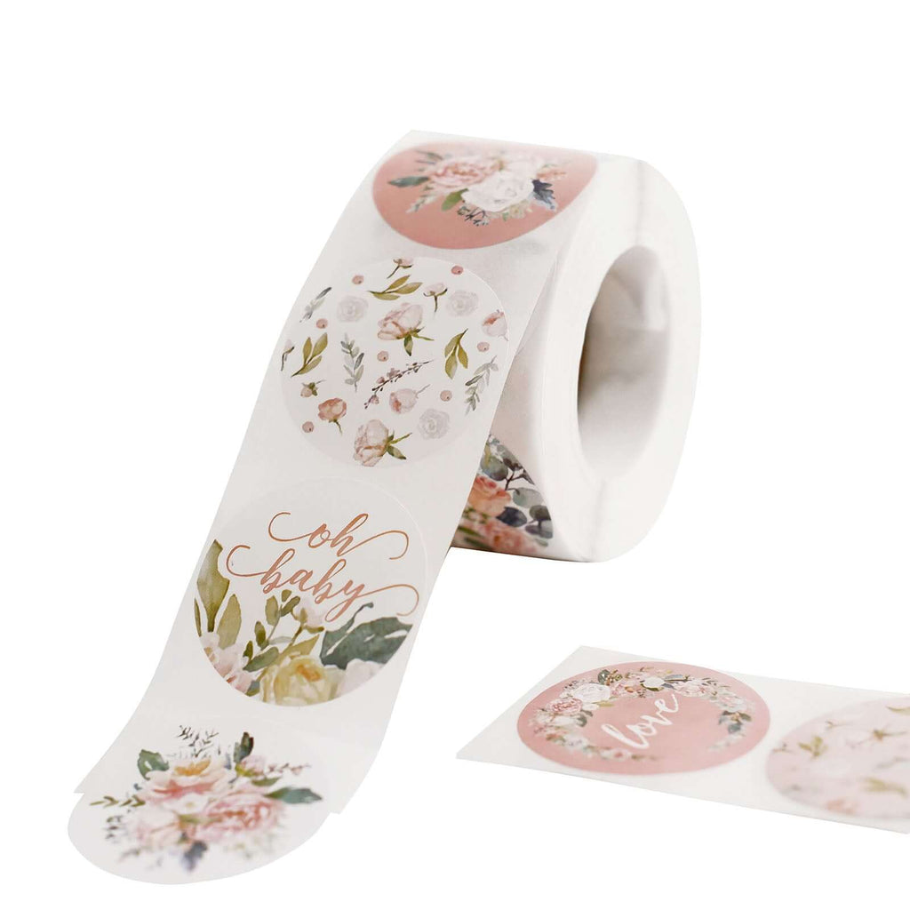 500Pcs 1.5" Baby Shower Love and Oh Baby Floral Stickers Roll, Labels For DIY Envelope Seal - Round