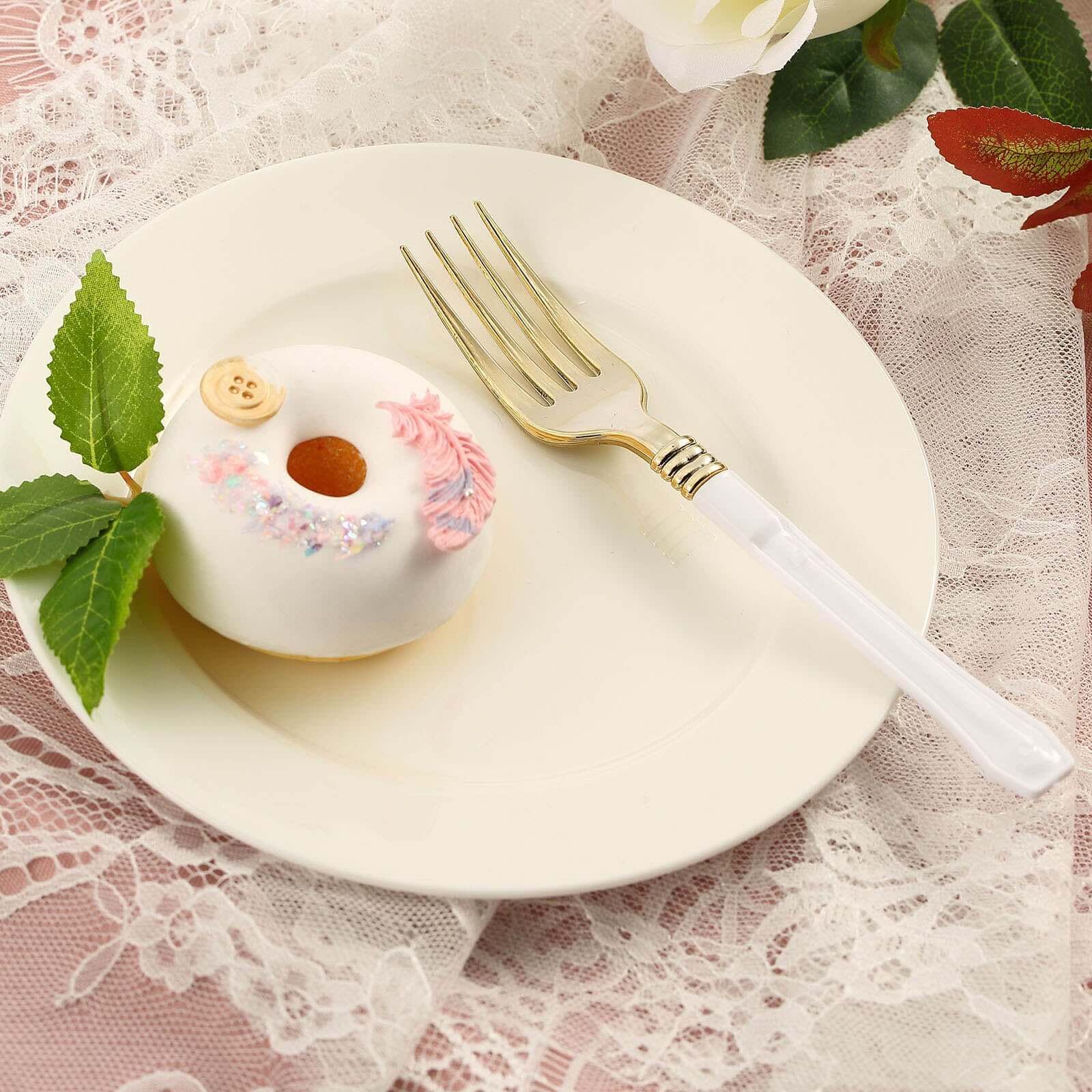 24-Pack Plastic Forks Gold with White Handles - Durable Food Safe Disposable Silverware for Lunch Buffets & Catering Services 7"