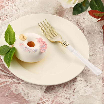 24-Pack Plastic Forks Gold with White Handles - Durable Food Safe Disposable Silverware for Lunch Buffets & Catering Services 7"