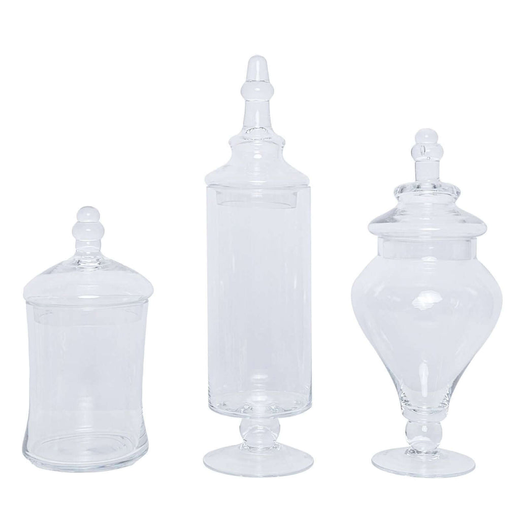 Set of 3 Glass Candy Jars Modern Apothecary Design Clear with Snap-On Lids - Stylish Party Favor Containers 9"/13"/14"
