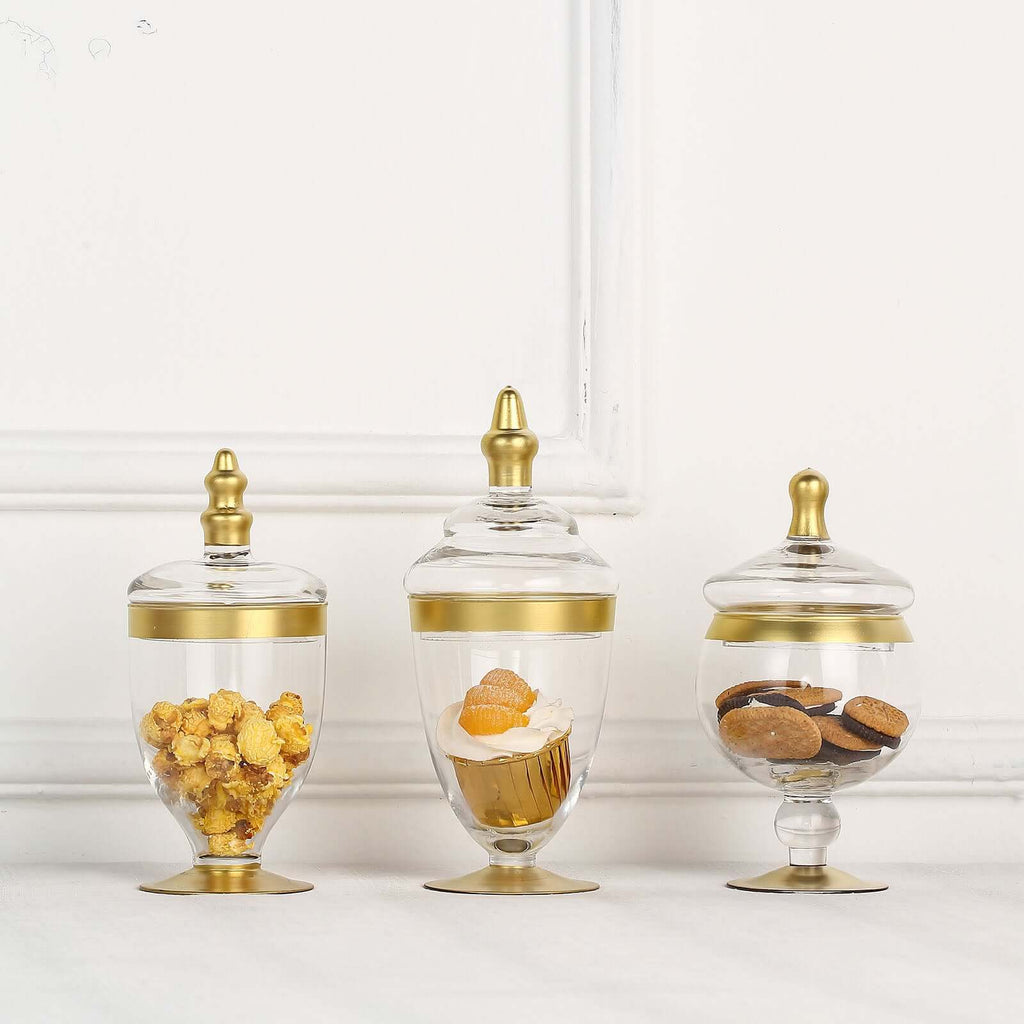 Set of 3 Glass Jars Apothecary Design Clear with Gold Trim and Snap-On Lids - Stylish Decorative Candy Buffet Storage 8.5", 9", 10"