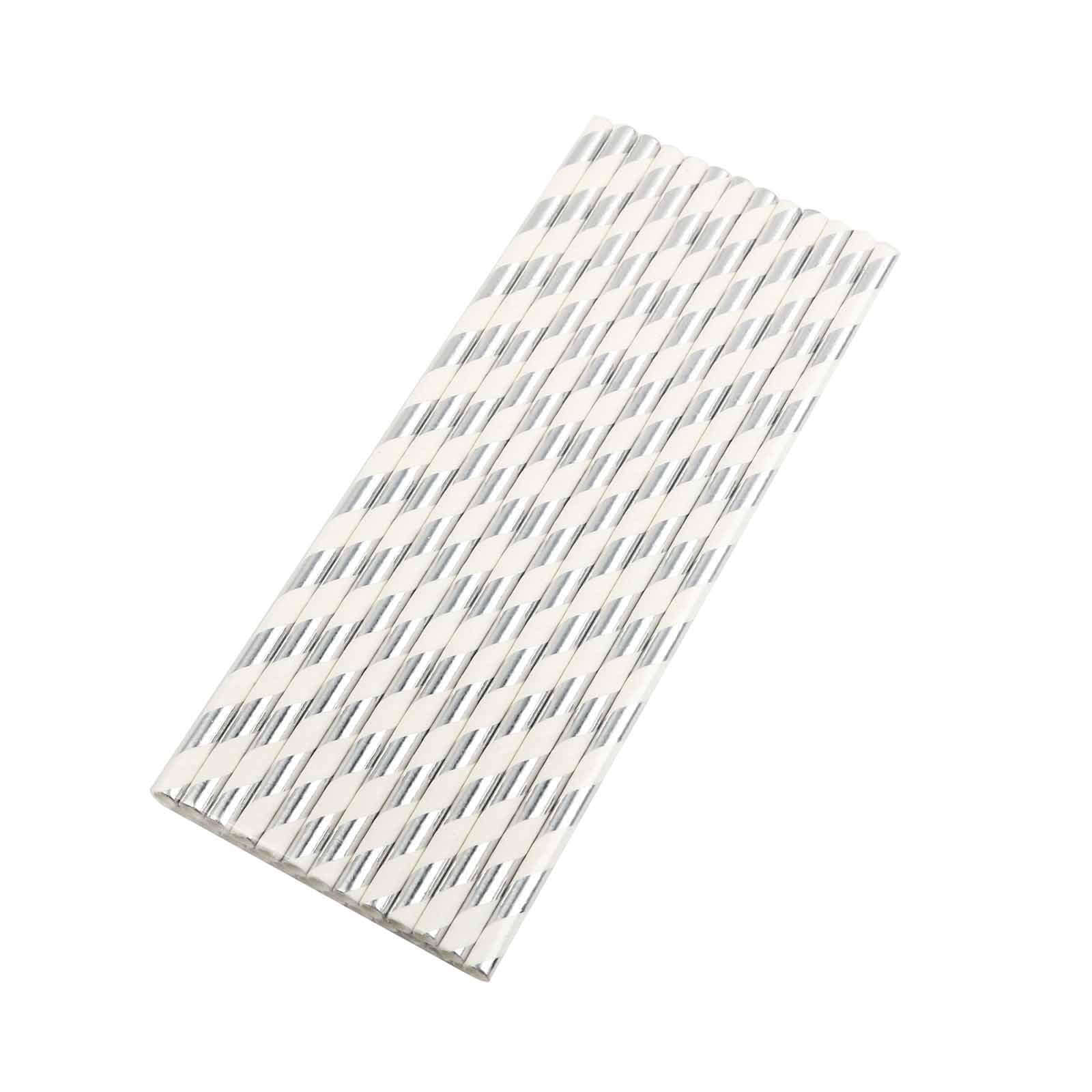 25-Pack Paper Straws White/Silver Striped - Stylish Disposable Straws for Drinks 8"