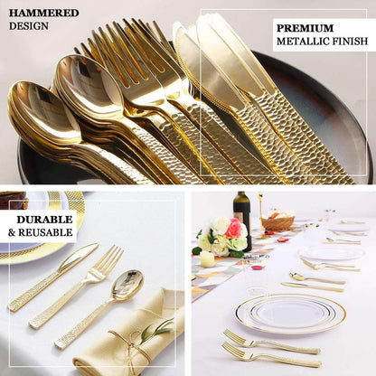 24-Pack Plastic Forks with Hammered Style Gold - Heavy Duty Disposable Silverware 7"