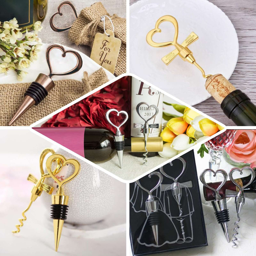 Silver Metal Heart Wine Bottle Opener Cork Stopper Party Favors Souvenir Gift Set, Wedding Favor in Velvet Box - 4.5",5"