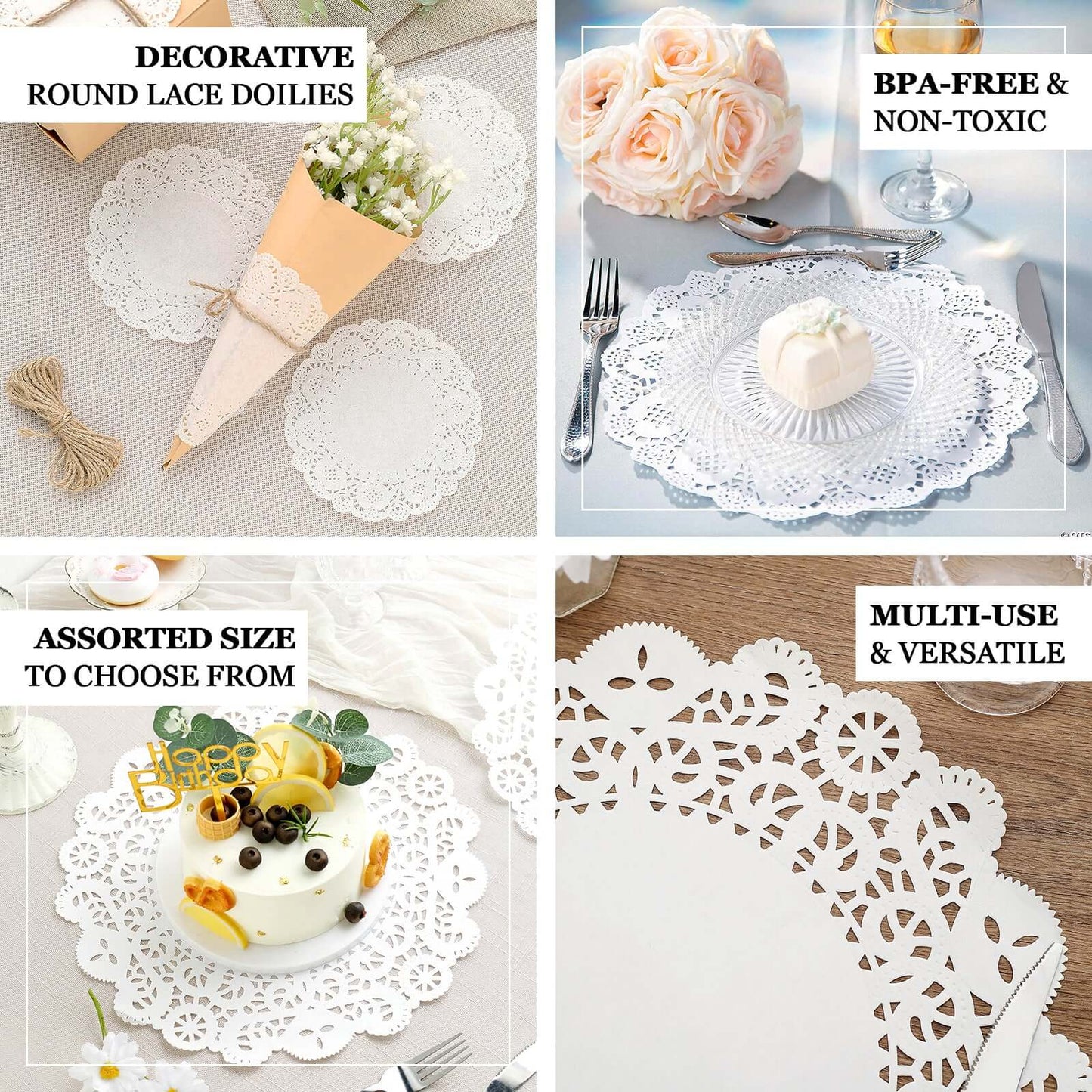 100 Pcs Paper 14" Round Placemats in White - Food Grade Lace Paper Doilies for Dessert Display & Table Decor