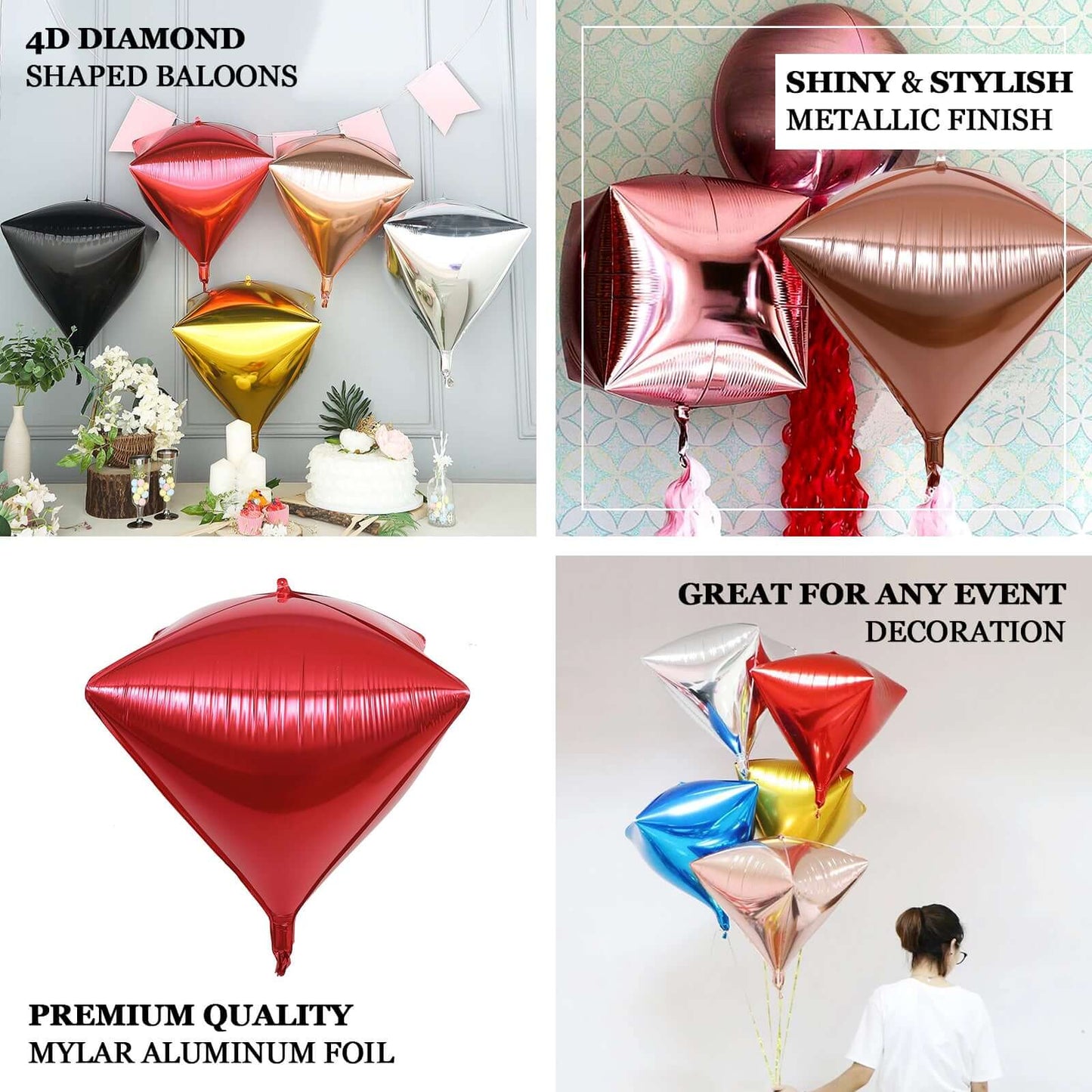 3 Pack 16" Shiny Red 4D Diamond Self-Sealing Reusable Foil Balloon