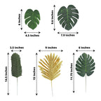28 Pack Green And Gold Silk Tropical Monstera Palm Leaves, Assorted Artificial Jungle Theme Branches