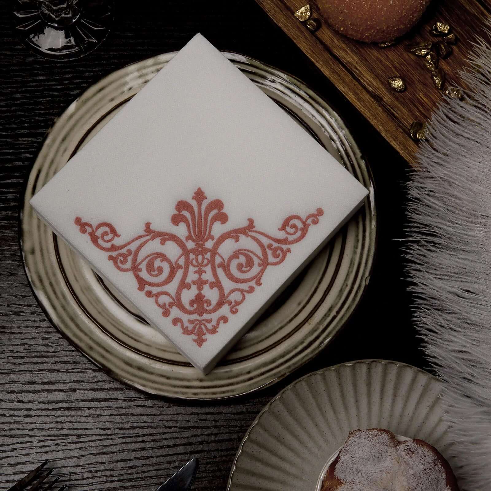 20 Pack Linen-Like Paper 5"x5" Napkins White - Rose Gold Fleur Vintage Airlaid Cocktail Napkins