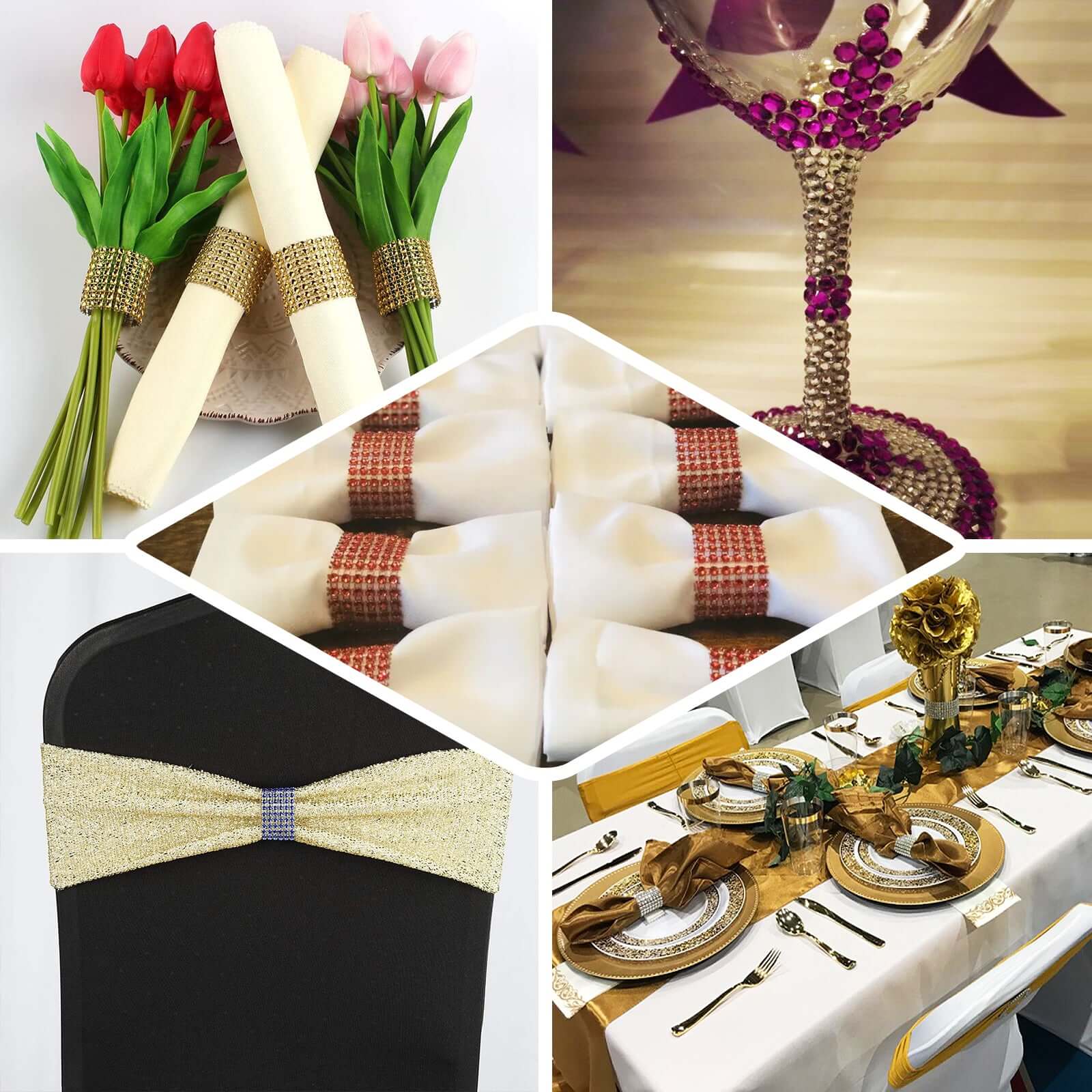 10 Pack Rhinestone Napkin Rings with Velcro Brooch Buckle Black - Stylish Design for Chair Sashes