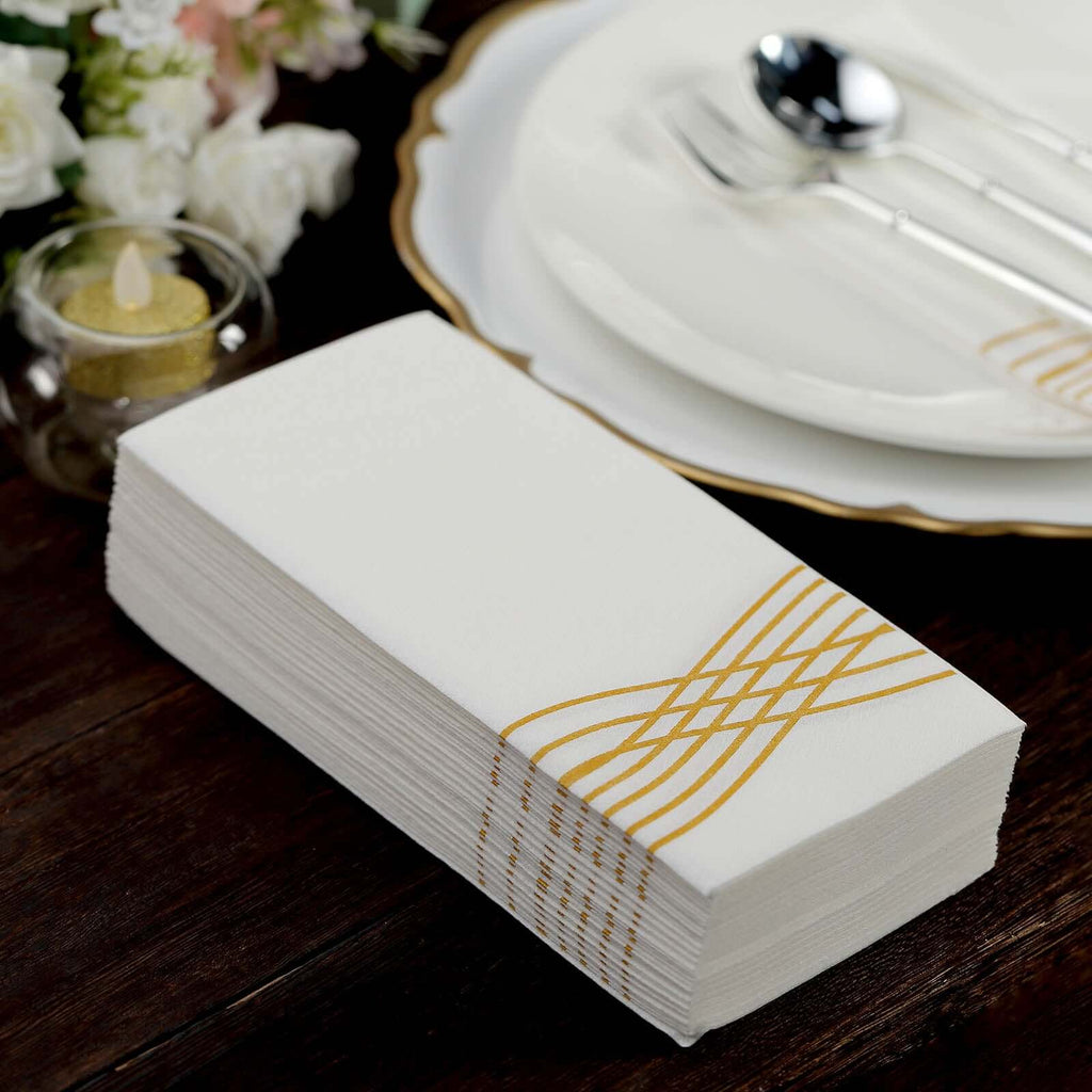 25 Pack Linen-Like Paper 8"x4" Napkins White with Metallic Gold Foil Wave Design - Soft & Absorbent Airlaid Hand Towels for Exquisite Weddings & Events